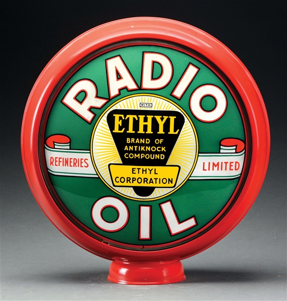 RADIO OIL W/ ETHYL BURST GRAPHIC COMPLETE 15" GLOBE ON METAL BODY. 