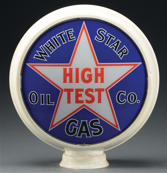 RARE WHITE STAR HIGH TEST GASOLINE SINGLE 15" LENS ON METAL BODY. 