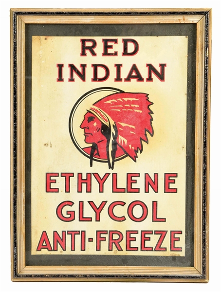 RED INDIAN ANTI FREEZE FRAMED CARD STOCK SIGN. 