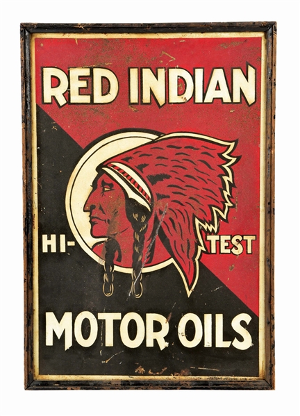 RARE RED INDIAN HI TEST MOTOR OIL TIN SIGN W/ ORIGINAL WOOD FRAME. 