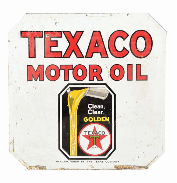TEXACO MOTOR OIL PORCELAIN CURB SIGN W/ POURING OIL GRAPHIC. 