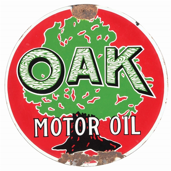 OAK MOTOR OIL PORCELAIN SIGN W/ OAK TREE GRAPHIC. 