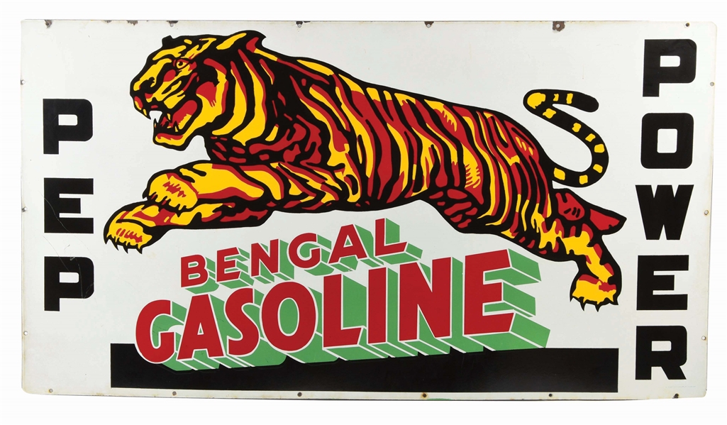 OUTSTANDING BENGAL PEP & POWER GASOLINE PORCELAIN SIGN W/ TIGER GRAPHIC.