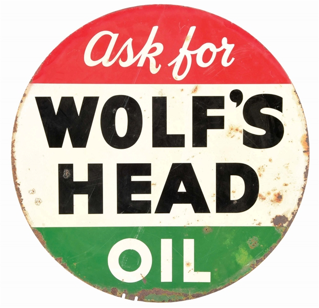 WOLFS HEAD MOTOR OIL TIN SIGN.