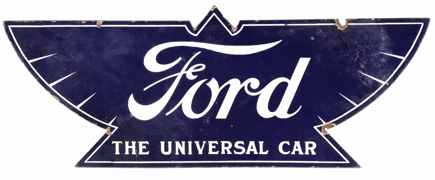 FORD THE UNIVERSAL CAR DIE CUT PORCELAIN SIGN.