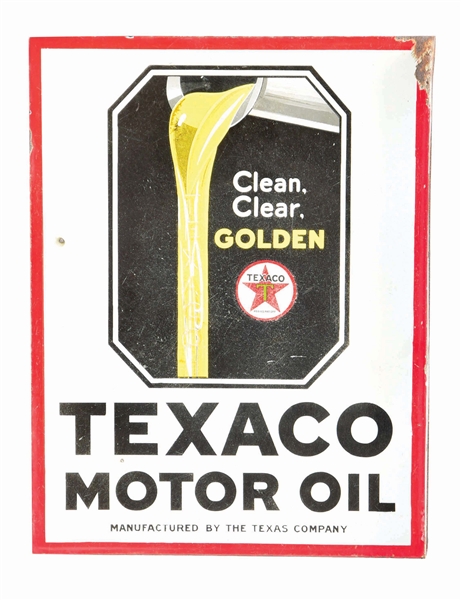 TEXACO MOTOR OIL PORCELAIN FLANGE SIGN W/ POURING OIL GRAPHIC. 