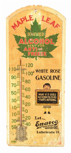 ENARCO MOTOR OIL & WHITE ROSE GASOLINE WOODEN THERMOMETER.