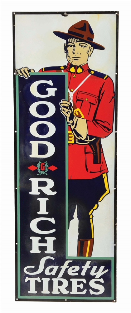 VERY RARE GOODRICH SAFETY TIRES PORCELAIN SIGN W/ MOUNTIE GRAPHIC. 
