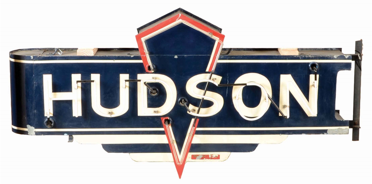 RARE HUDSON MOTOR CARS COMPLETE TIN NEON SIGN ON ORIGINAL CAN. 
