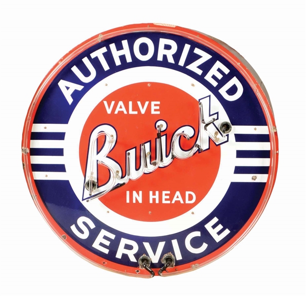 BUICK VALVE IN HEAD AUTHORIZED SERVICE PORCELAIN NEON SIGN ON METAL CAN. 