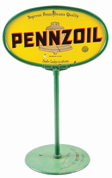PENNZOIL MOTOR OIL PORCELAIN CURB SIGN W/ BELL GRAPHIC.