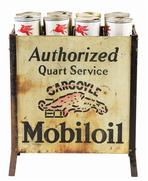 MOBILOIL GARGOYLE AUTHORIZED QUART SERVICE TIN BOTTLE RACK W/ QUART CANS.