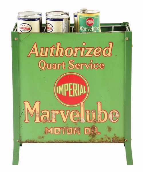 MARVELUBE MOTOR OIL SERVICE STATION TIN OIL BOTTLE RACK W/ SIX QUART CANS.