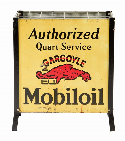 MOBILOIL GARGOYLE AUTHORIZED QUART SERVICE TIN OIL BOTTLE RACK.
