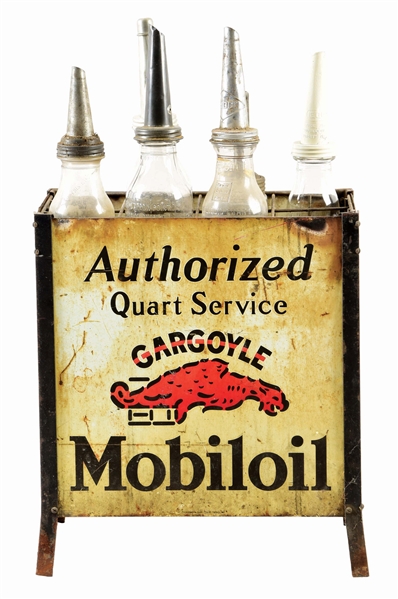 MOBILOIL GARGOYLE AUTHORIZED QUART SERVICE TIN BOTTLE RACK W/ SIX GLASS OIL BOTTLES.