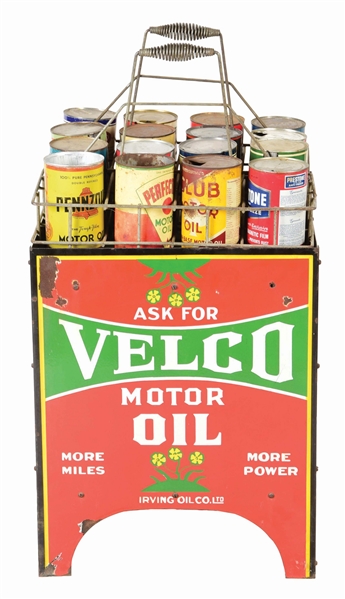 ASK FOR VELCO MOTOR OIL PORCELAIN OIL BOTTLE SERVICE STATION DISPLAY RACK W/ TWO BOTTLE CARRIERS & SIXTEEN INDIVIDUAL QUART CANS. 