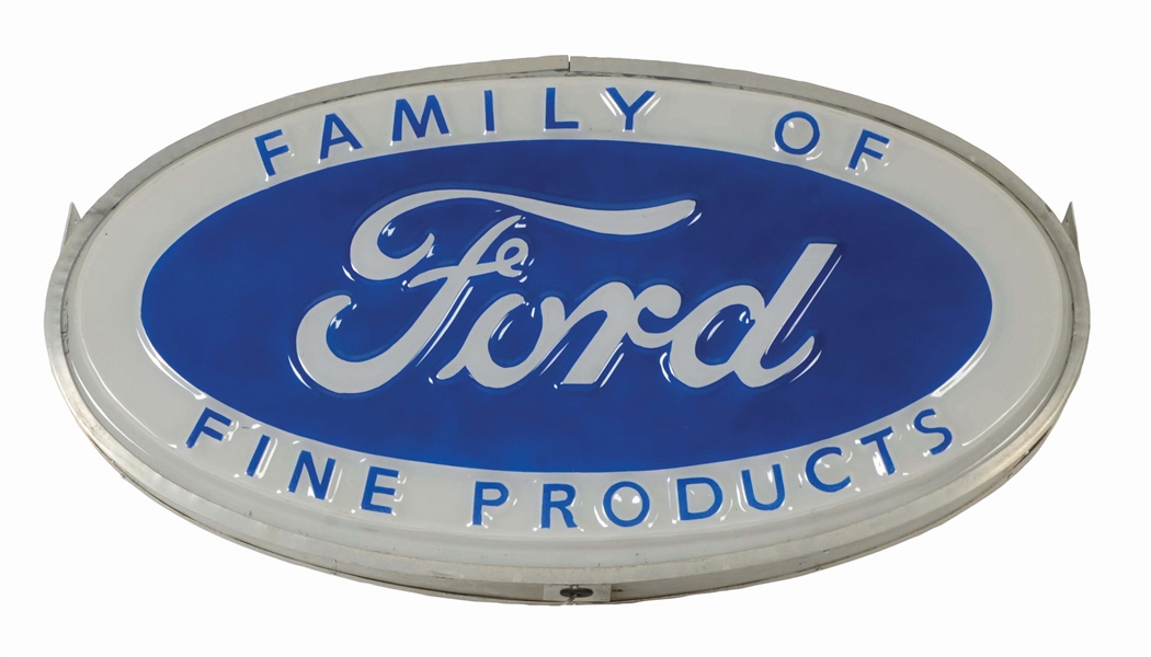 FAMILY OF FORD FINE PRODUCTS EMBOSSED PLASTIC FACE LIGHT UP SIGN ON ORIGINAL METAL CAN.