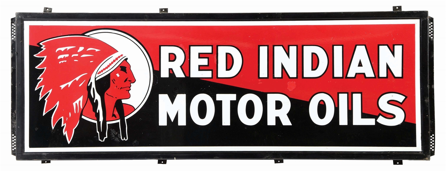 RARE RED INDIAN MOTOR OILS PORCELAIN SIGN W/ NATIVE AMERICAN GRAPHIC & SELF FRAMED EDGE. 