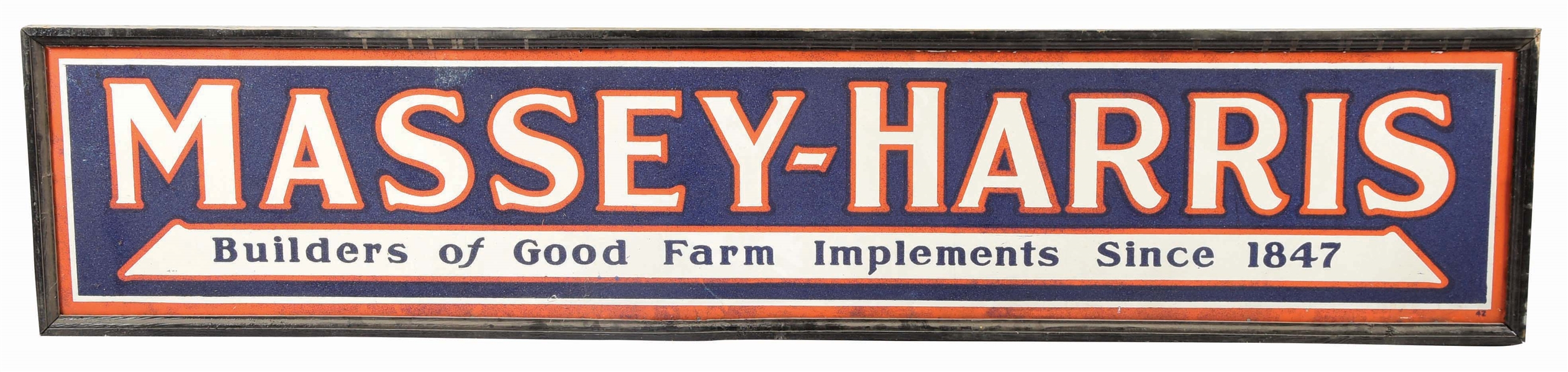 OUTSTANDING MASSEY HARRIS FARM IMPLEMENTS SMALTZ PAINTED TIN SIGN W/ WOOD FRAME. 