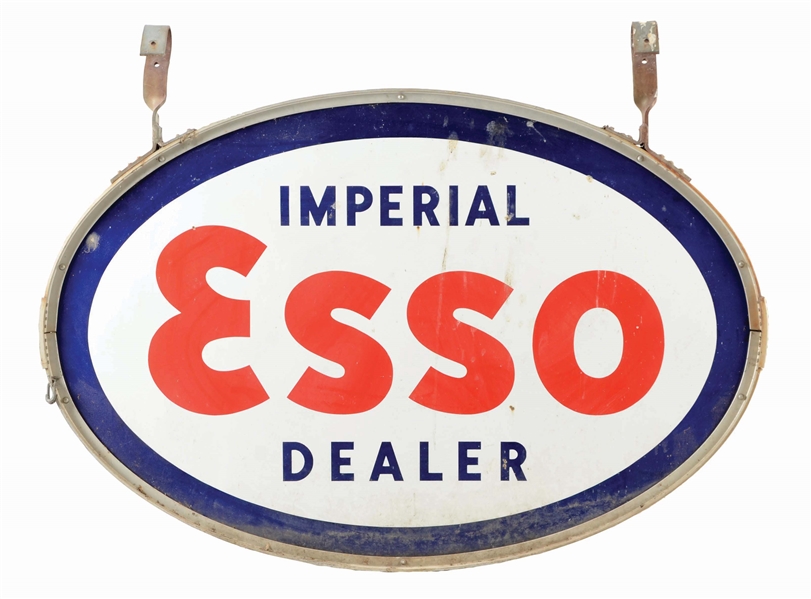 IMPERIAL ESSO GASOLINE DEALER PORCELAIN SIGN W/ ORIGINAL METAL HANGING RING. 