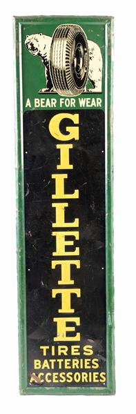GILLETTE TIRES BATTERIES & ACCESSORIES EMBOSSED TIN SIGN W/ BEAR GRAPHIC. 
