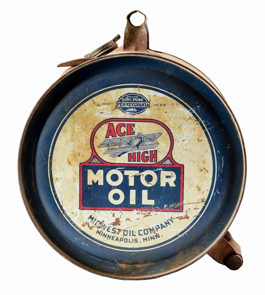 ACE HIGH MOTOR OIL FIVE GALLON ROCKER CAN W/ BI-PLANE GRAPHIC. 