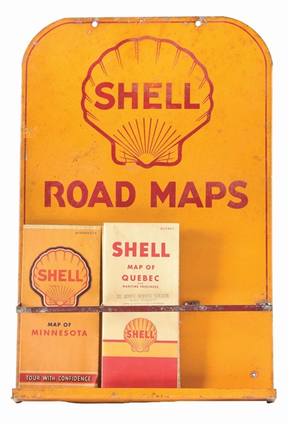SHELL GASOLINE TIN SERVICE STATION MAP RACK W/ WOODEN EASEL. 