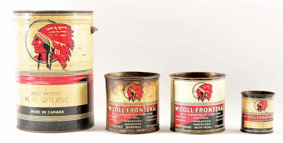 LOT OF 4: RARE MCCOLL FRONTENAC & RED INDIAN GREASE CANS.