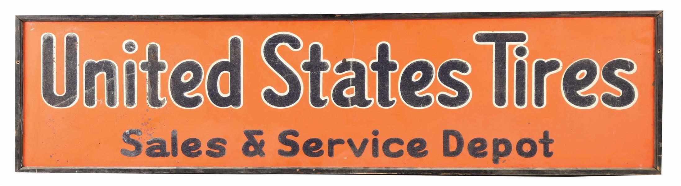 UNITED STATES TIRES SALES & SERVICE DEPOT TIN SMALTS PAINTED SIGN W/ ORIGINAL WOOD FRAME. 