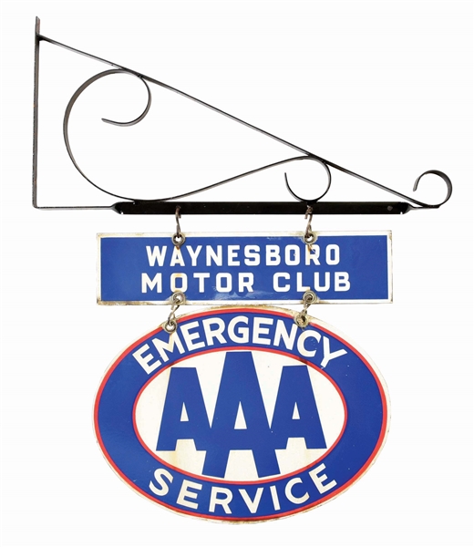 AAA AUTO CLUB EMERGENCY SERVICE TWO PIECE PORCELAIN SIGN W/ IRON HANGING BRACKET.