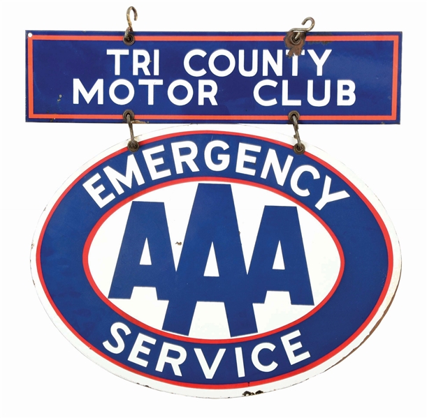 TRI COUNTY MOTOR CLUB EMERGENCY SERVICE TWO PIECE PORCELAIN SIGN. 
