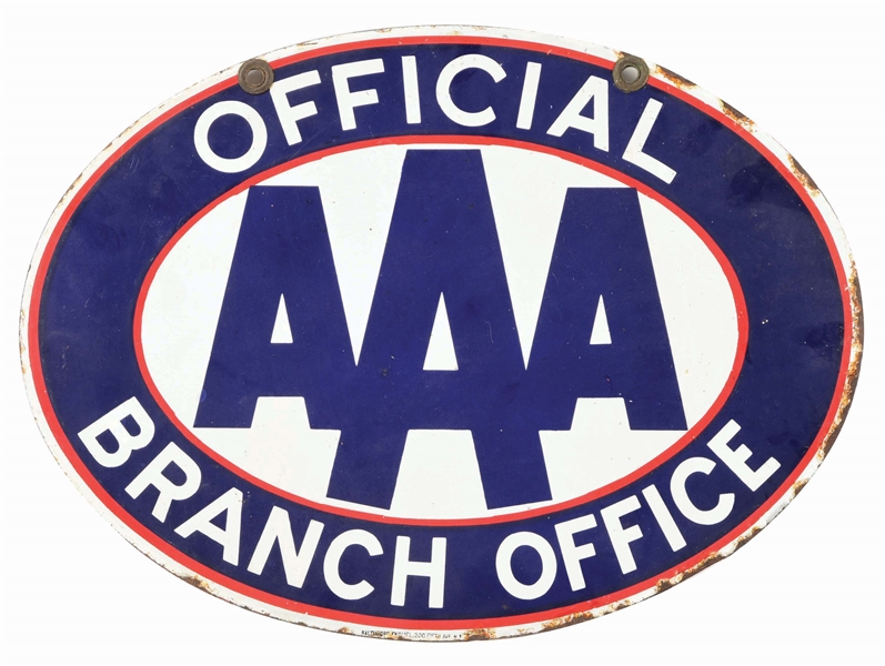 AAA AUTO CLUB OFFICIAL BRANCH OFFICE PORCELAIN OVAL SIGN.