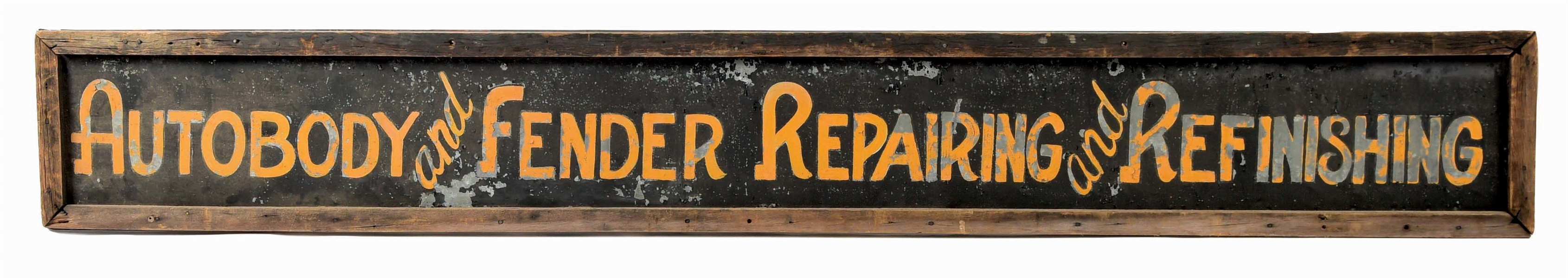 HAND PAINTED AUTOBODY AND FENDER REPAIRING & REFINISHING TIN SIGN W/ WOOD FRAME. 