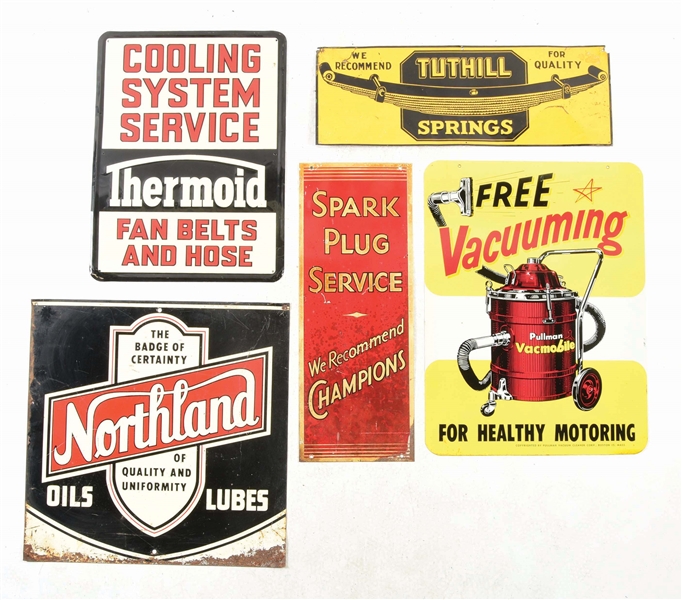 LOT OF FIVE: TIN AUTOMOTIVE SIGNS. 