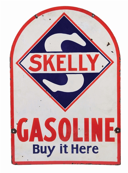 SKELLY GASOLINE & TAGOLINE MOTOR OIL PORCELAIN TOMBSTONE SIGN.