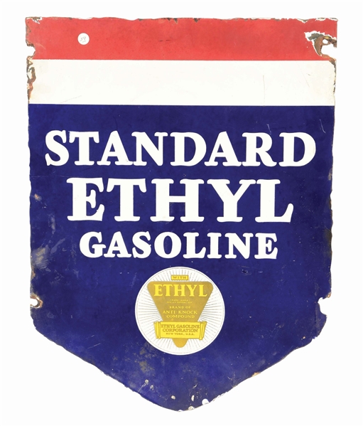 STANDARD ETHYL GASOLINE PORCELAIN CURB SIGN W/ ETHYL BURST GRAPHIC. 