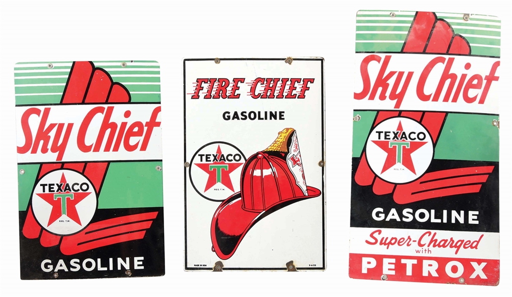 LOT OF THREE: TEXACO SKY CHIEF & FIRE CHIEF GASOLINE PORCELAIN PUMP PLATES. 