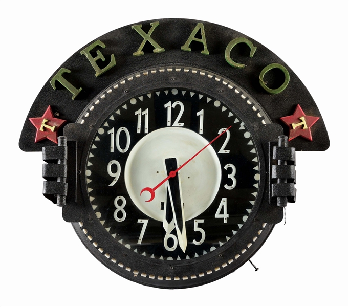 RARE FEDERAL NEON CLOCK W/ TEXACO GASOLINE & MOTOR OIL MARQUEE.