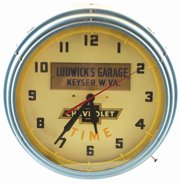 CHEVROLET TIME NEON DEALERSHIP CLOCK FOR LUDWICKS GARAGE. 