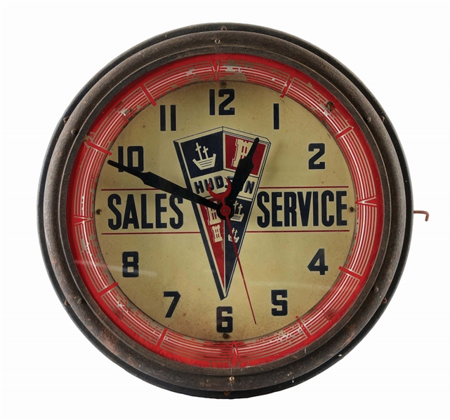 HUDSON MOTOR CARS SALES & SERVICE NEON PRODUCTS CLOCK. 