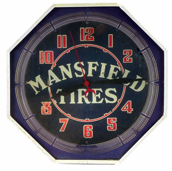 MANSFIELD TIRES NEON PRODUCTS SERVICE STATION CLOCK.