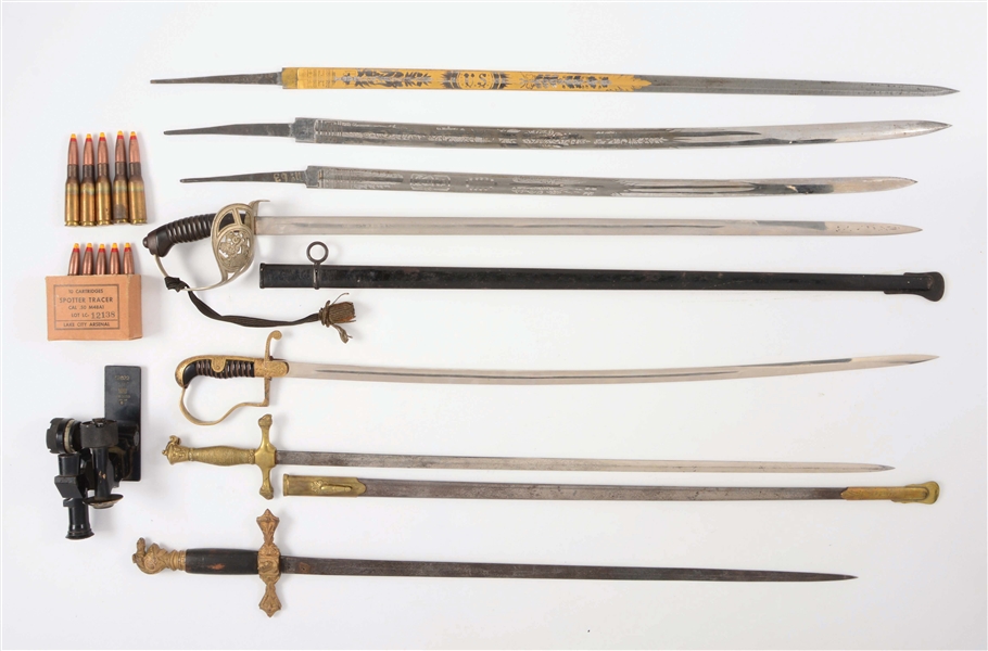 LOT OF 4 COMPLETE SWORDS, 3 SWORD BLADES, 10 M48A1 ROUNDS, AND JAPANESE TYPE 92 SIGHT.