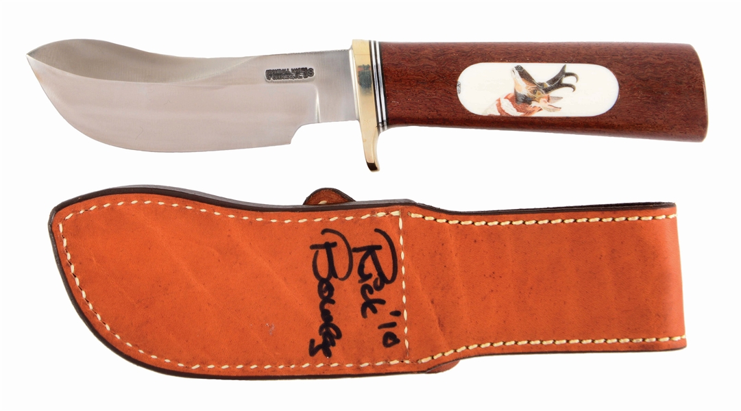 RANDALL RICK BOWLES SKINNER KNIFE WITH IVORY RB SCRIMSHAW INLAY, SHEATH AND CASE.