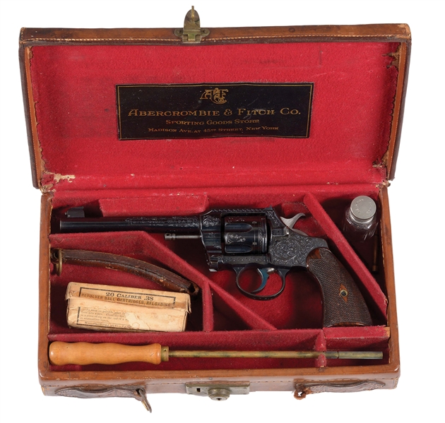 (C) ENGRAVED ABERCROMBIE AND FITCH LEATHER CASED COLT OFFICERS MODEL .38 SPECIAL TARGET REVOLVER.