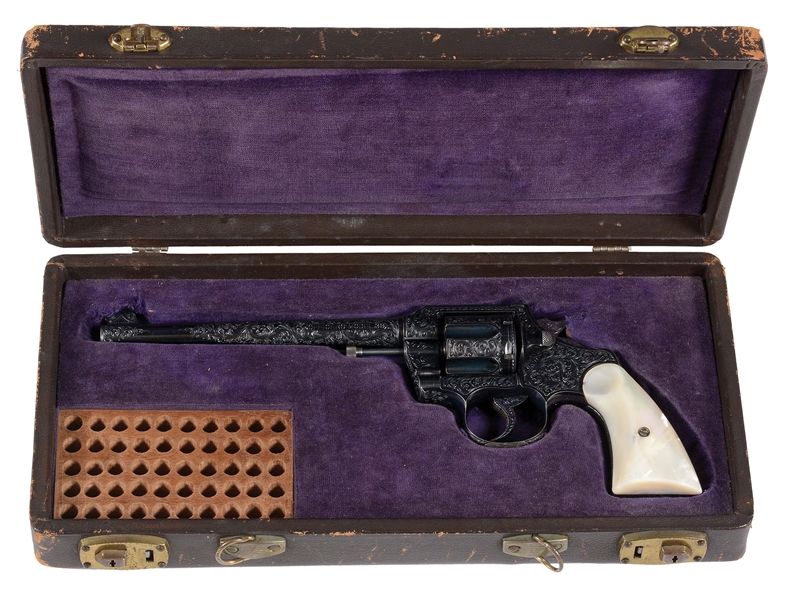 (C) MAGNIFICENT EXHIBITION GRADE COLT OFFICERS MODEL .38 SPECIAL ENGRAVED DOUBLE ACTION REVOLVER WITH PEARL GRIPS AND CASE.