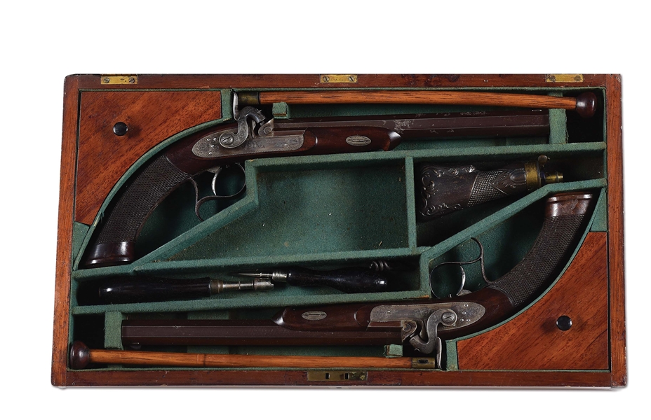 (A) FINE CASED PAIR OF AMERICAN PERCUSSION DUELING/TARGET PISTOLS BY J. E. EVANS, PHILADELPHIA.