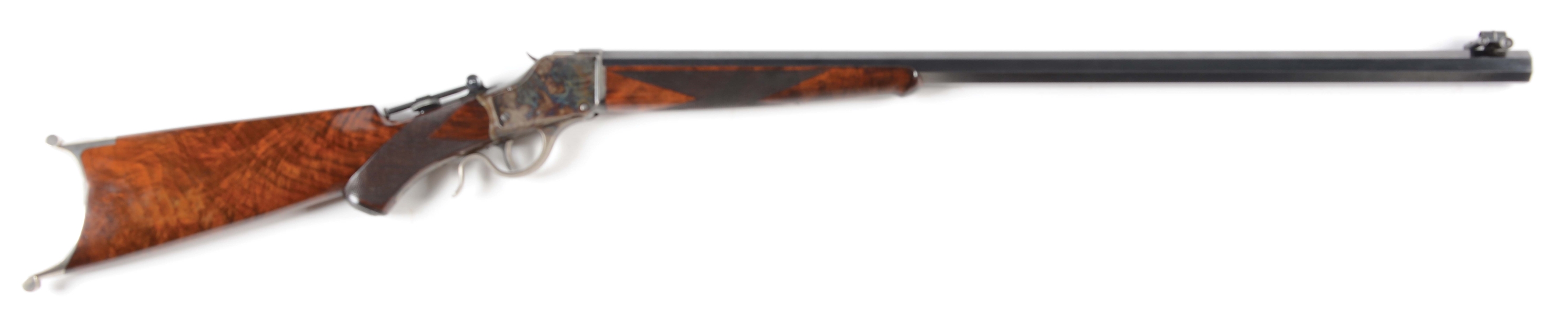 (A) FINE CONDITION WINCHESTER HIGH WALL 1885 MID RANGE SINGLE SHOT RIFLE WITH CASE COLORED ACTION.