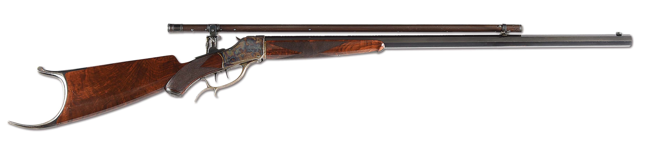 (A) WINCHESTER MODEL 1885 SINGLE SHOT WITH MALCOLM SCOPE AND MOUNTS WITH FACTORY LETTER