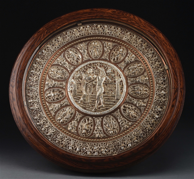 LARGE ASIAN SILVER AND COPPER ROUND PLAQUE.