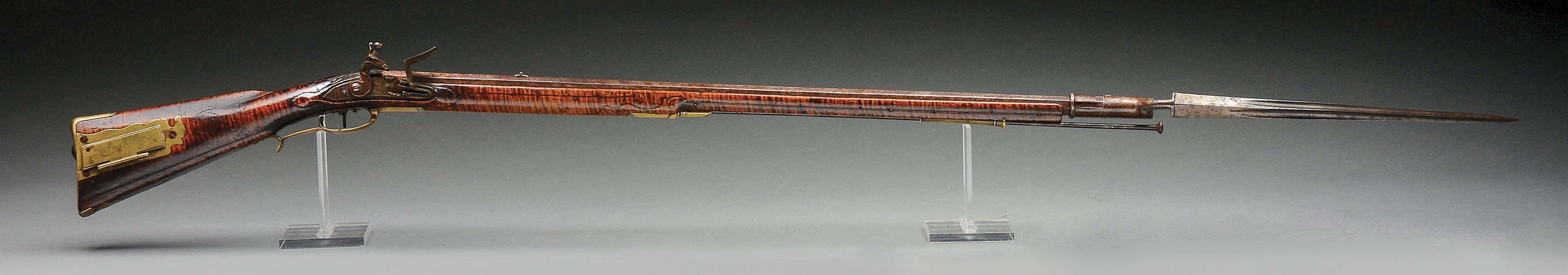 (A) IMPORTANT AND HISTORIC "LION AND LAMB MORAVIAN FLINTLOCK RIFLE WITH BAYONET, ATTRIBUTED TO ANDREAS ALBRECHT.